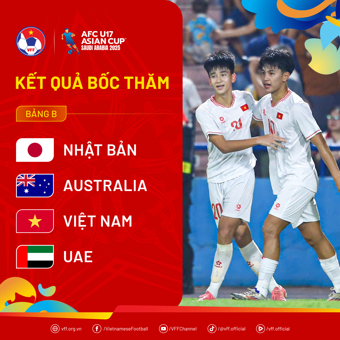 VFF - Đội tuyển U17 Việt Nam cùng bảng với ĐKVĐ Nhật Bản tại VCK U17 châu Á  2025